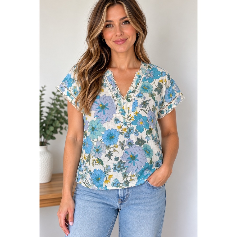 Philosophy Floral V-Neck Blouse Women L Blue NWT Linen Blend Lace Trim Top